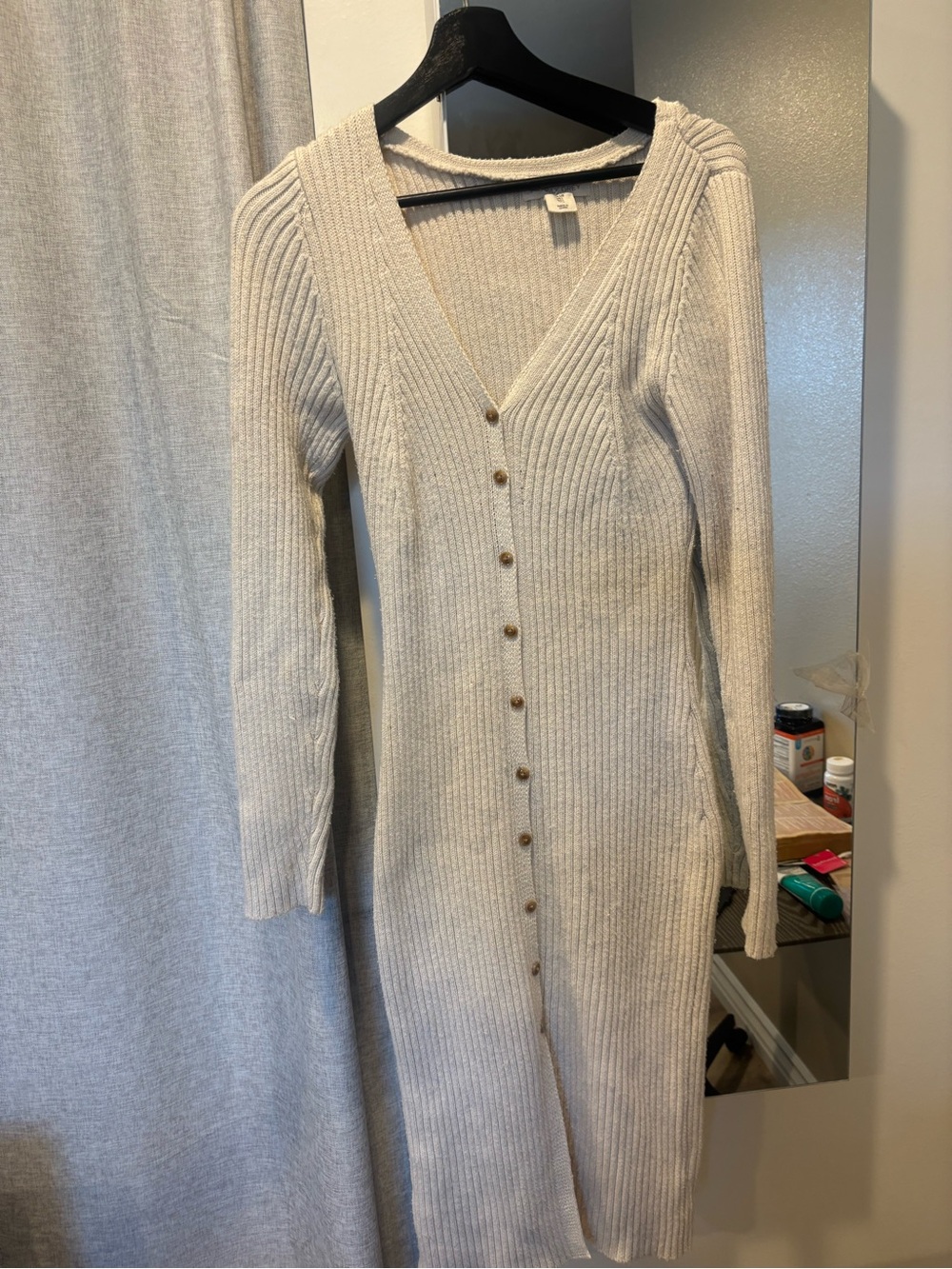 Ribbed Button-Front Knit Dress in Cream